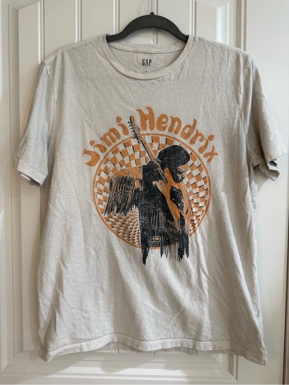 GAP Men’s Light Gray Jimi Hendrix Graphic Tee with Orange and Black Print